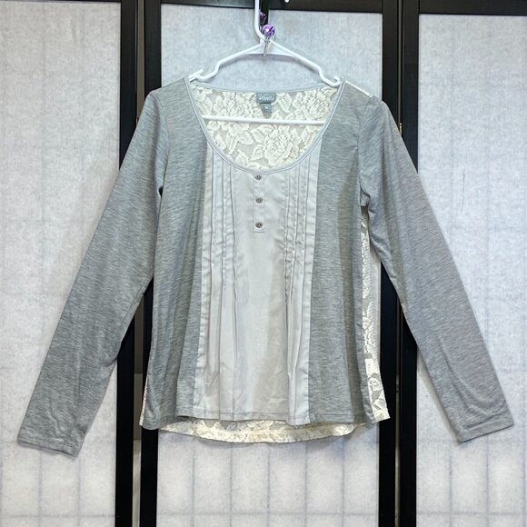 Vanity Tops - Vanity Scoop Neck Pleat Front Panel Lace Back Long Sleeve Knit Top Grey Ivory M